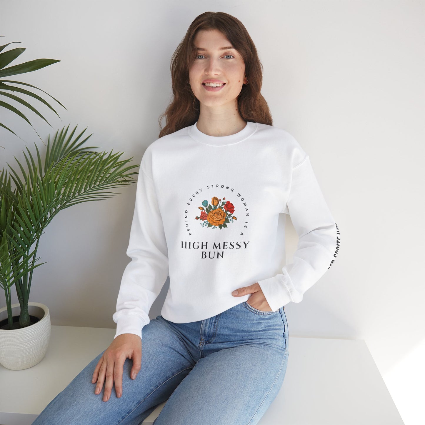 Strong Woman Messy Bun Crewneck Sweatshirt