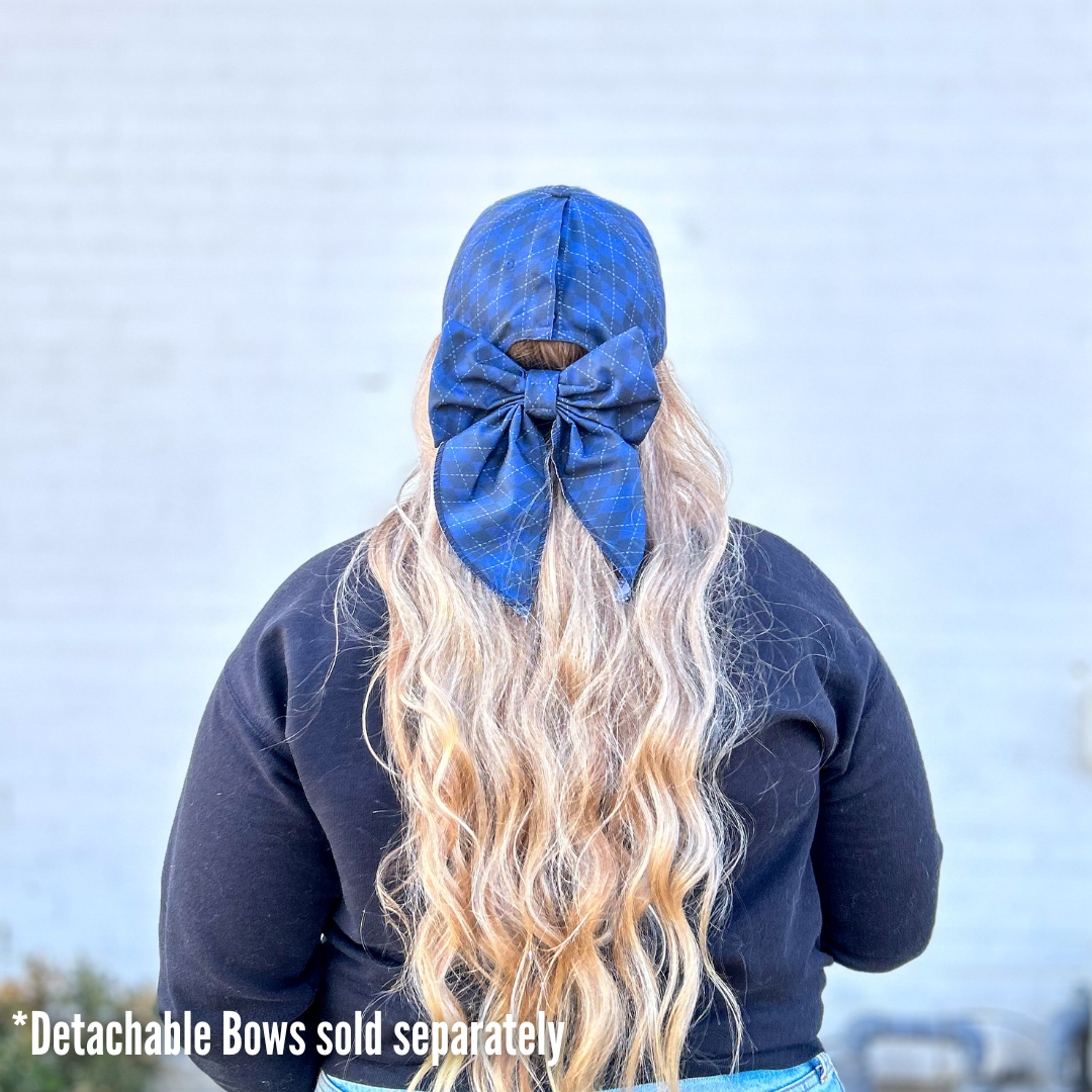 back view of blue argyle hat, red sprite hats, blue diamond golf hat, hat with bow, cute harry potter hats, ravenclaw hat, harry potter house, potter bounding, hogwarts house baseball cap, women's harry potter hats, hidden messy bun baseball cap, hat with snaps, baseball cap with buttons, detachable bow for baseball cap