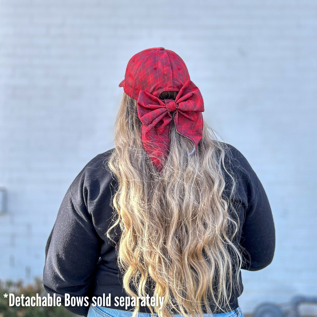 back view of maroon argyle lion house baseball cap, gryffindor hat, hogwarts house ponytail cap, harry potter baseball cap for women, women's hidden ponytail cap, theme park hat, hats for harry potter land, lion house