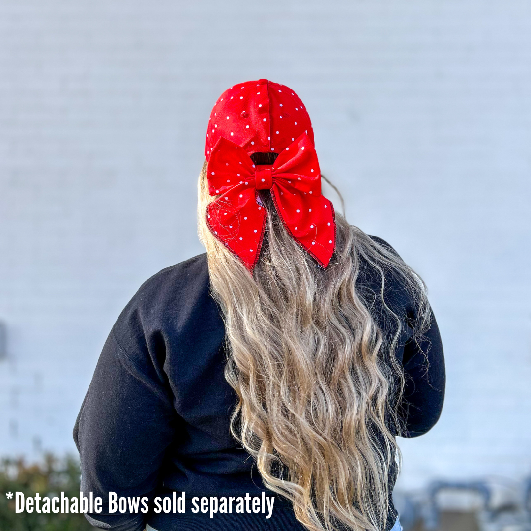 back view of hidden messy bun baseball cap with detachable bow, red sprite hats, red polka dot minnie mouse hat, minnie mouse baseball cap, disney bounding look, minnie bound, cute hats for disneyland, disneyworld baseball cap, best hat for theme parks, theme park hat, disneyland ponytail cap