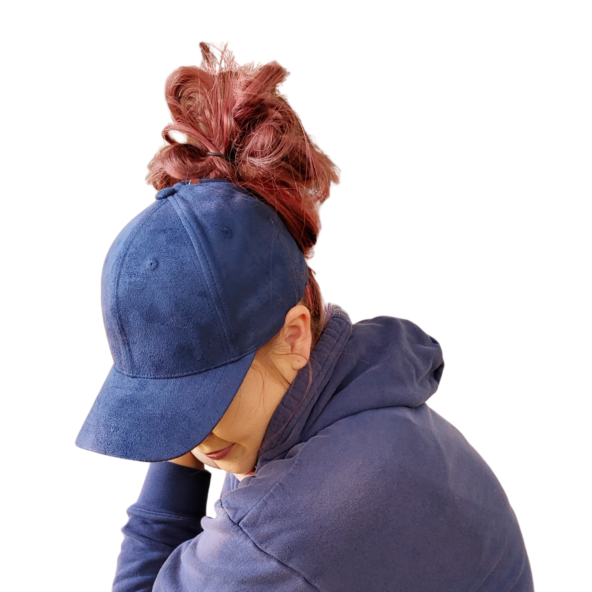 Navy Suede Red Sprite Hats Hidden Messy Bun Baseball Cap