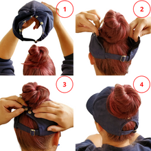 Load image into Gallery viewer, instructional graphic how to put on a red sprite hat hidden messy bun baseball cap
