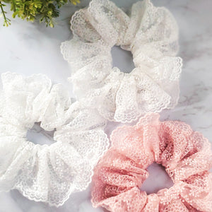 white and pink fancy lace scrunchies red sprite hats
