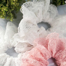 Load image into Gallery viewer, closeup of 3 white and pink unique lace scrunchies red sprite hats
