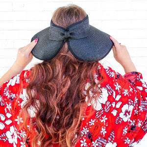 red sprite hats black straw foldable bow visor sun hat wide brim with long curly hair