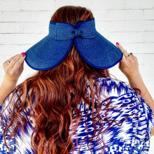 Load image into Gallery viewer, red sprite hats navy straw wide brim foldable bow visor sun hat
