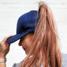 Load image into Gallery viewer, navy suede ponytail cap side view of messy bun baseball cap red sprite hats
