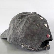 Load image into Gallery viewer, back view of dark grey messy bun baseball cap with silver snaps red sprite hats
