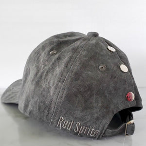 back view of dark grey messy bun baseball cap with silver snaps red sprite hats