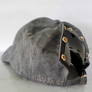 back view of snap-up baseball cap with silver snaps open on red sprite hats