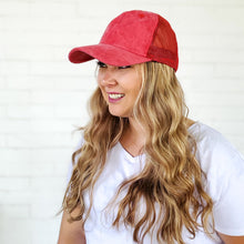 Load image into Gallery viewer, front view of red sprite hats red messy bun baseball cap distressed cap with long curly hair
