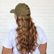 Load image into Gallery viewer, back view of red sprite hats olive green messy bun baseball cap with long curly hair
