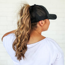 Load image into Gallery viewer, back side view of red sprite hats mesh back black messy bun baseball cap with a high curly ponytail black snap-up cap easy baseball game hairdo
