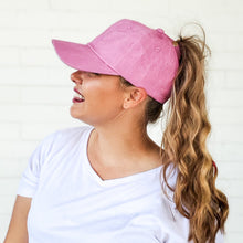 Load image into Gallery viewer, side view of red sprite hats pink messy bun baseball cap with curly high ponytail best hats ever. barbie hat
