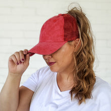 Load image into Gallery viewer, front view of red sprite hats red messy bun baseball cap with curly high ponytail fast hairstyles
