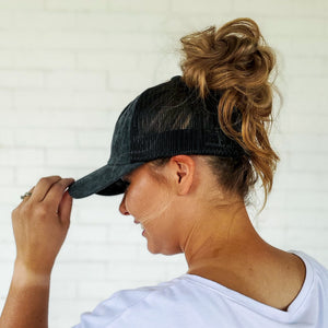 side view of red sprite hats black mesh back messy bun baseball cap with high messy bun easy hat hairstyles