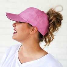 Load image into Gallery viewer, side view of red sprite hats pink messy bun baseball cap with high messy bun easy baseball cap hairstyle. barbie hat
