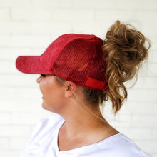 Load image into Gallery viewer, side view of red sprite hats red messy bun baseball cap with high messy bun

