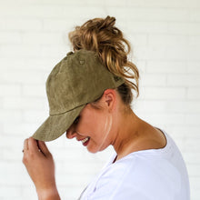 Load image into Gallery viewer, side view of military green red sprite hats messy bun baseball cap with high messy bun easy hairstyles with hats
