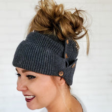 Load image into Gallery viewer, red sprite hats dark grey button-up beanie with high messy bun
