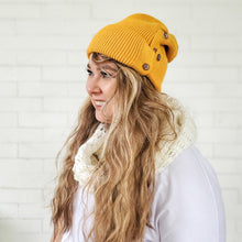 Load image into Gallery viewer, red sprite hats female wearing mustard button up beanie with long messy blond hair

