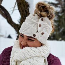 Load image into Gallery viewer, cream messy bun button up beanie with high messy bun hairdo
