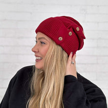 Load image into Gallery viewer, side view of maroon button up beanie from Red Sprite Hats.  Better than cc beanies hidden ponytail hat
