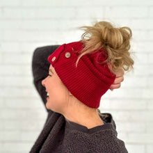 Load image into Gallery viewer, side view of maroon beanie with button up detail. better than cc ponytail beanie for long hair red sprite hats
